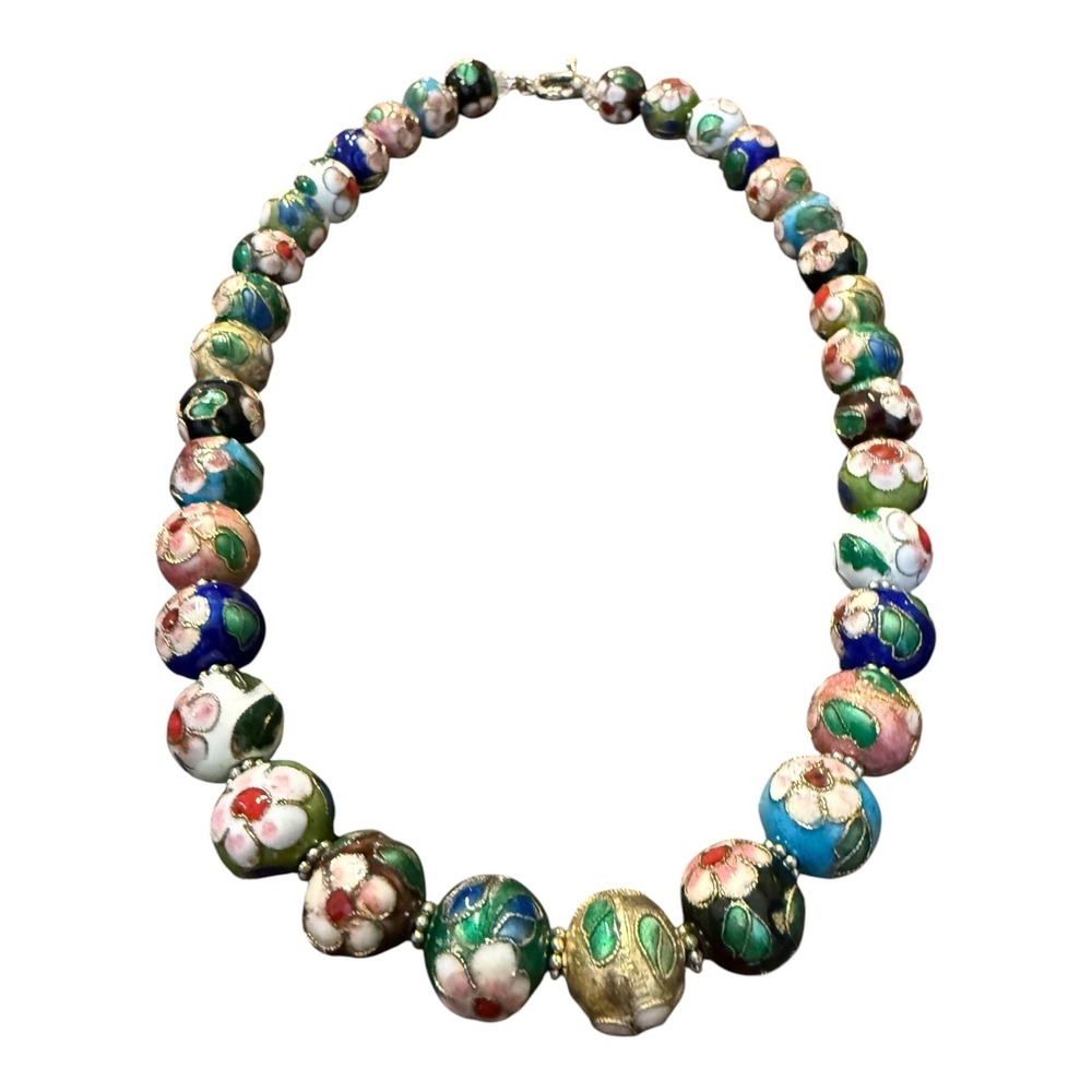 Vintage Cloisonne Enamel Floral Bead Necklace 20.5 Inch Toggle Clasp Multi Color